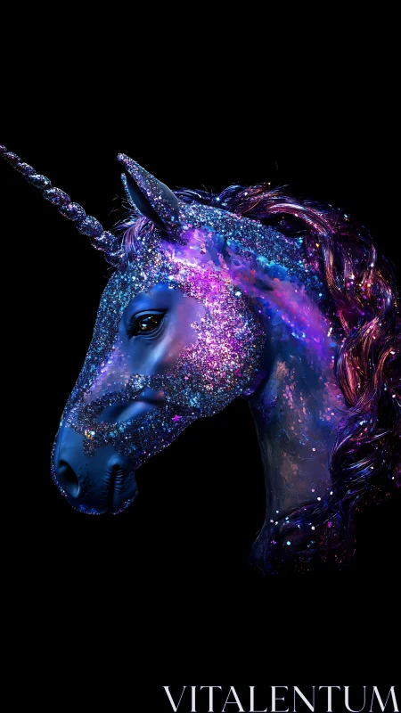 Cosmic unicorn head portrait in glowing neon galaxy colors.