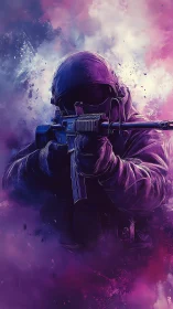 Digital soldier with rifle in neon purple smoke field.