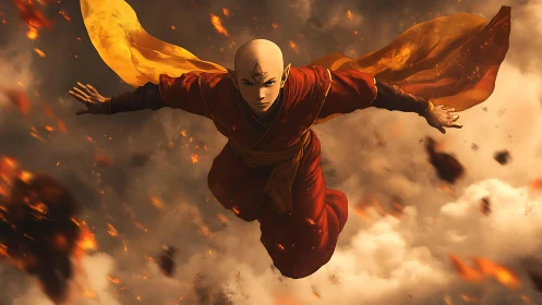 Shaven-headed monk in orange robes descending through smoke.