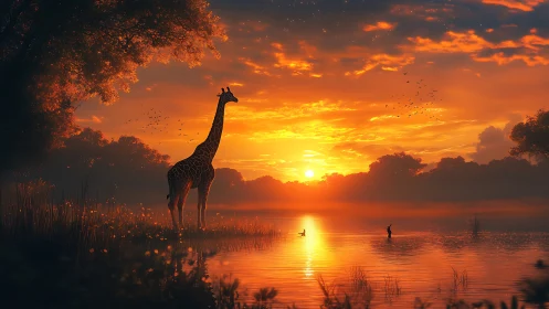 Giraffe standing by a reflective lake at vivid sunset.