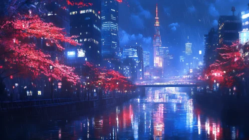 Rain-soaked neon cityscape reflects red foliage in canal surface