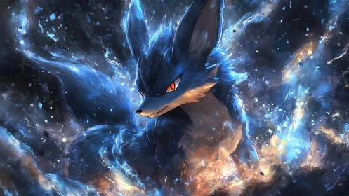 Mystical fox warrior wrapped in swirling cosmic starlight.