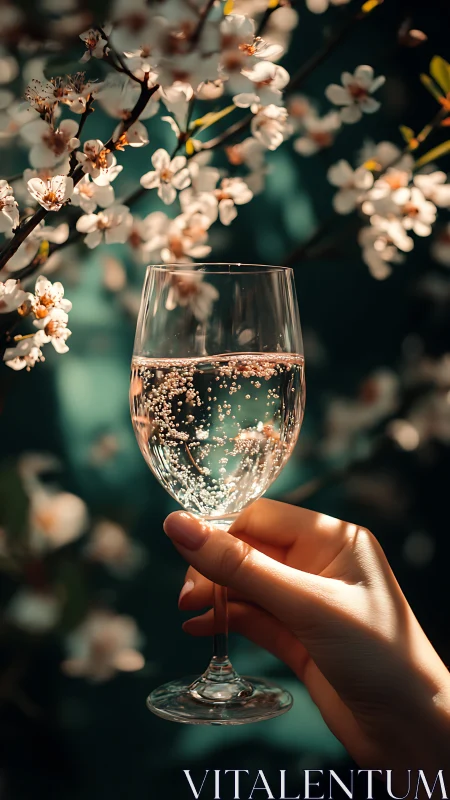 Hand holding sparkling drink against soft blossom backdrop.