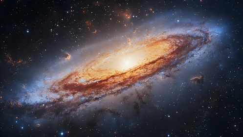 Spiral galaxy core glowing in dense starfield panorama.