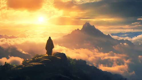 Solitary robed figure overlooking radiant sunrise mountainscape