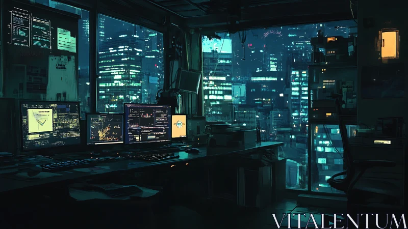 Neon skyline hacker&rsquo;s nest glows above the sleepless cityscape.