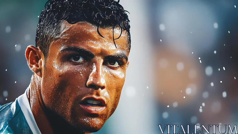 Stormlit football warrior locked in fierce, focused gaze.