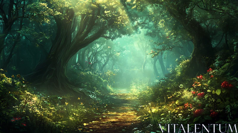 Enchanted Forest Path. Golden Light Through Ancient Trees.