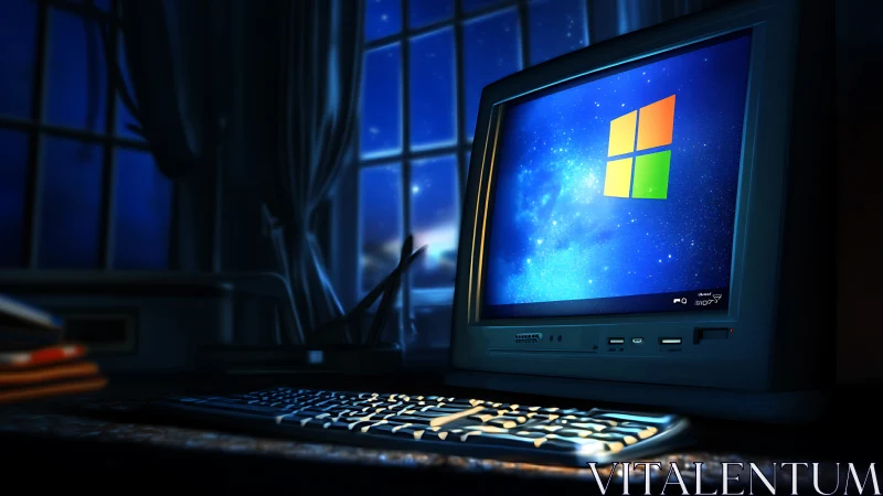 Retro desktop glowing with modern OS in moonlit study.