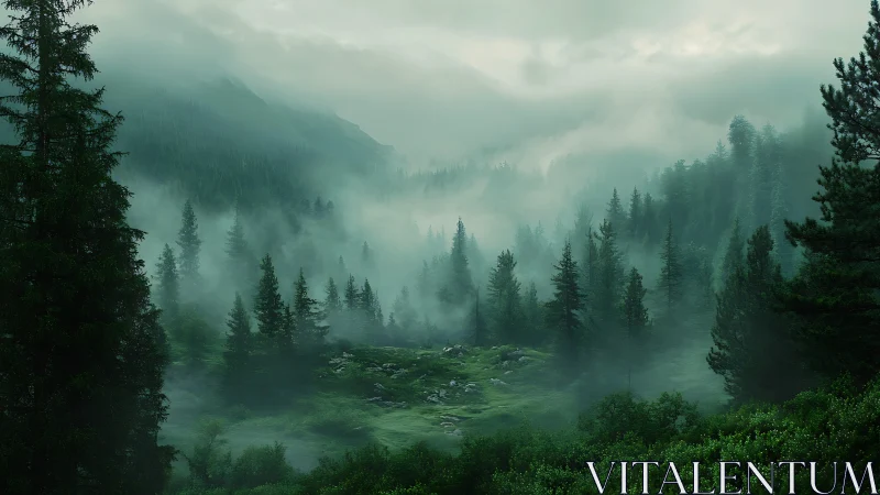 Misty Alpine Valley: Layered Mountain Landscape with Atmospheric Fog