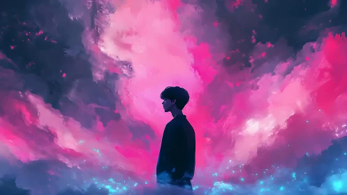 Silhouetted figure against neon magenta and cyan nebula sky