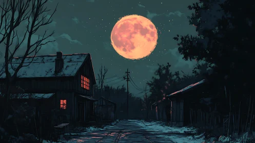 Midnight village road under a glowing harvest moon.