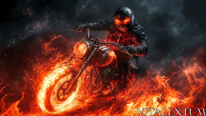 Flaming motorcycle rider storms through blazing inferno night.