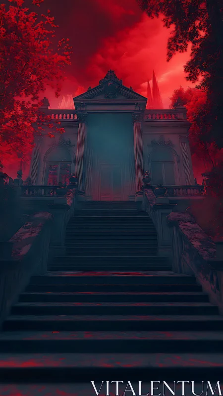 Haunted neoclassical mansion looms under crimson sky