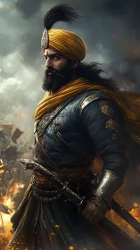 Regal warrior in golden turban standing amid rising embers.