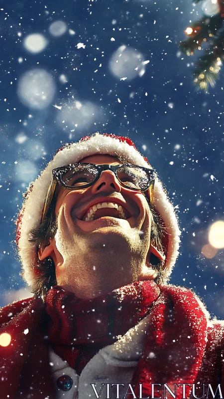 Upward winter gaze with festive bokeh and granular snowfall.