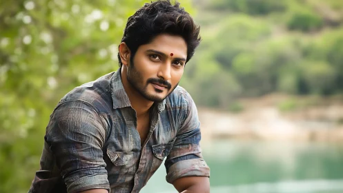 Man leaning outdoors near water with soft natural light.