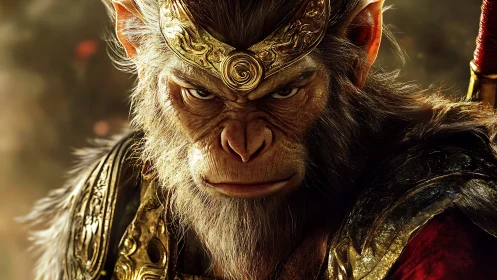 Mythic warrior monkey rendered in cinematic photoreal detail