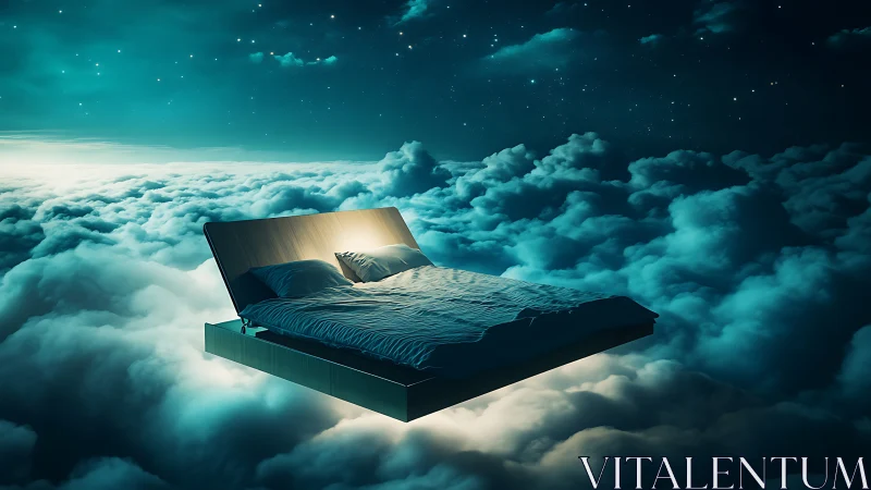 Floating bed over illuminated clouds under night sky.