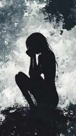 Silhouetted girl in grief amid monochrome abstract storm.