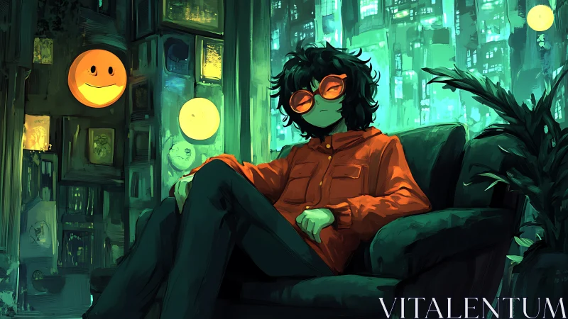 Neon night reader resting beneath glowing city smiles.