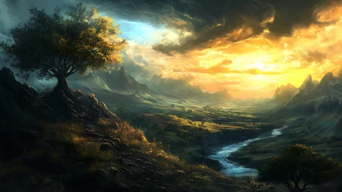 Twilight rivers stitch a stormlit valley into molten dawn