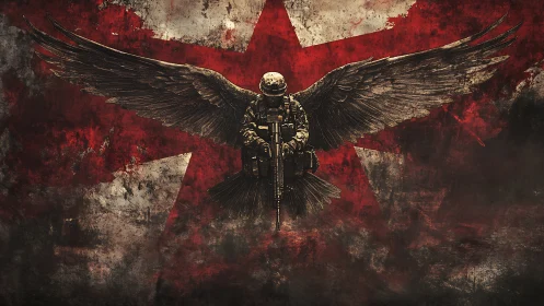 Winged tactical soldier poised before scarlet battle star.