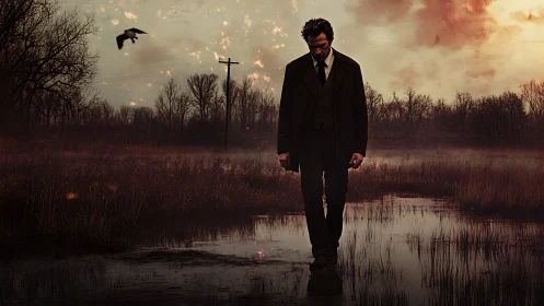 Solitary man walking through a quiet, rain-soaked marshland.