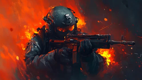 Tactical soldier advances through explosive firestorm.