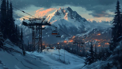 Snow-covered mountain cableway overlooks illuminated valley town