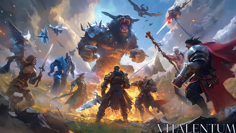 Heroes rise together against a roaring giant beast in battle