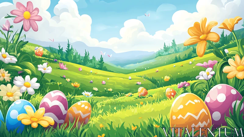 Colorful Easter eggs brighten a dreamy spring meadow landscape