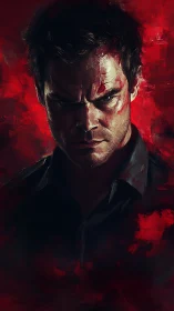 Intense red portrait of a brooding man in painterly light.