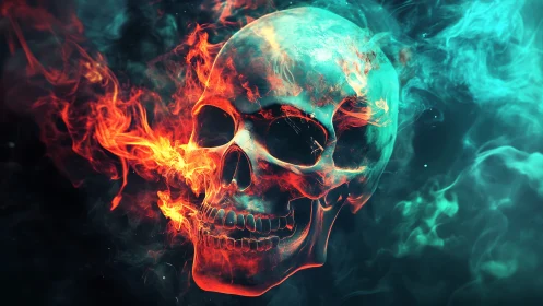Digital human skull model is surrounded by red and cyan flames