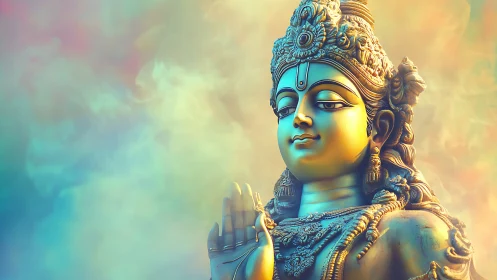 Blue-toned Hindu deity statue rendered against soft color smoke