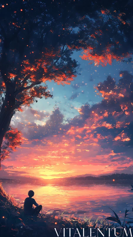 Twilit embers drift as a lone dreamer studies the quiet lake