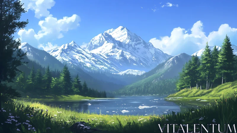 Snow crowned giant watching over a hush bright valley lake.