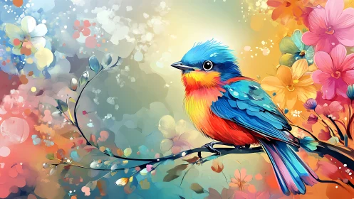 Vibrant blue and orange bird on floral branch, digital art style.
