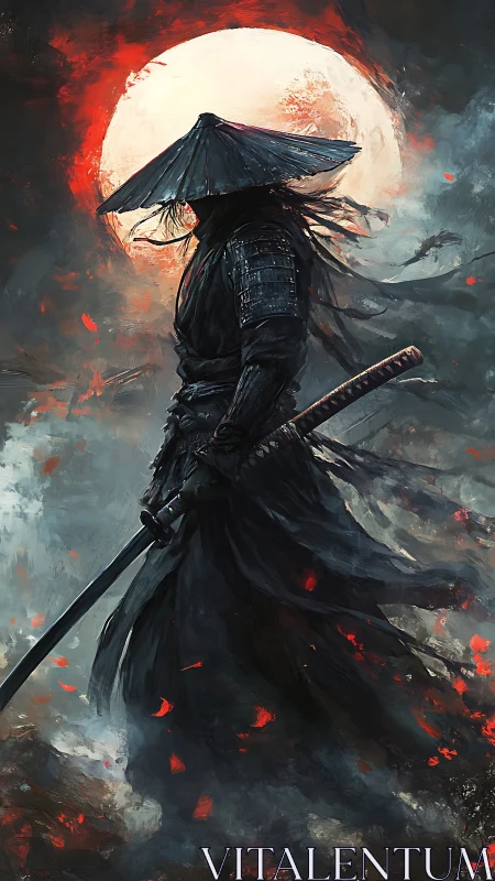 Lone samurai in dark armor under a blood-red moon.