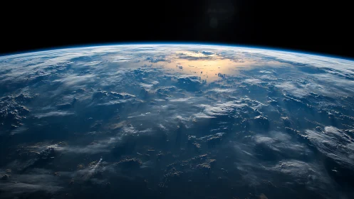 Curved Earth horizon with sunlit clouds above deep ocean.