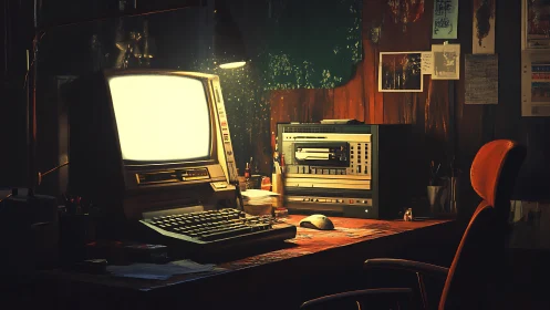 Retro computer workstation glows inside dim cluttered studio