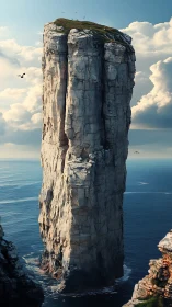 Isolated limestone sea stack rises vertically from ocean waters