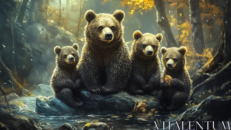 Bear family on forest rock beside stream in warm light.