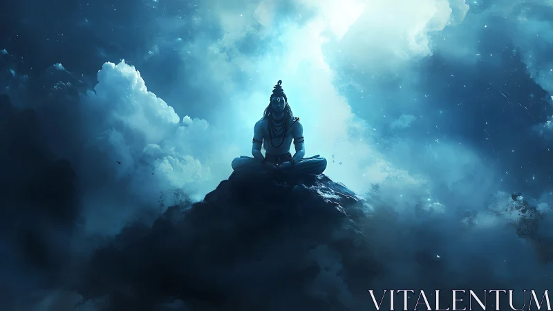 Solitary meditating figure sits on rocky peak amid clouds