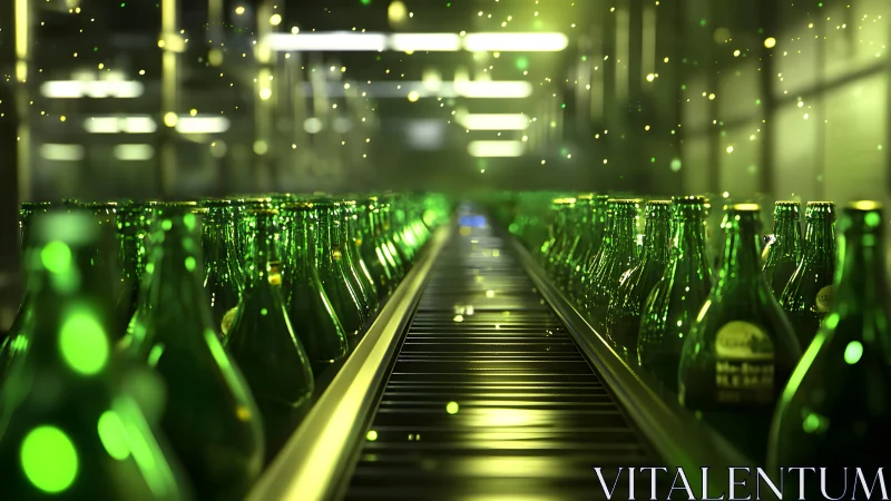 Green glass bottles on factory conveyor belt, industrial lighting.