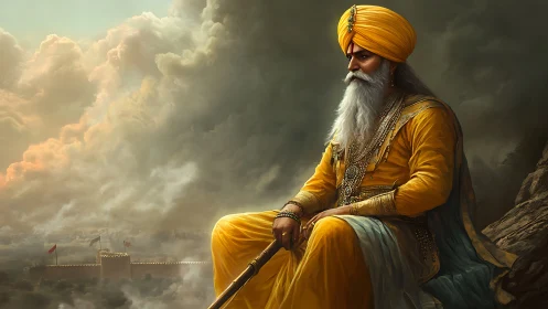 Royal Sikh warrior gazes over fortress beneath stormy skies.