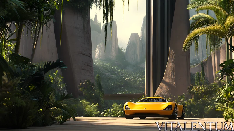 Golden sports car rests calmly in a lush futuristic canyon