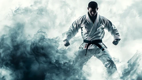 Martial artist in white gi emerging from cinematic smoke field.