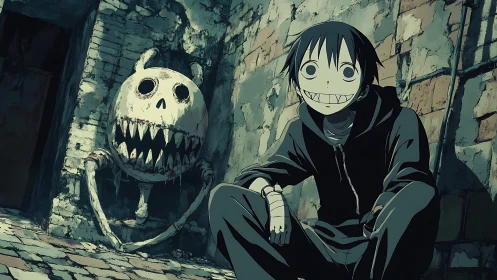 Anime horror street scene with grinning figures in decay.