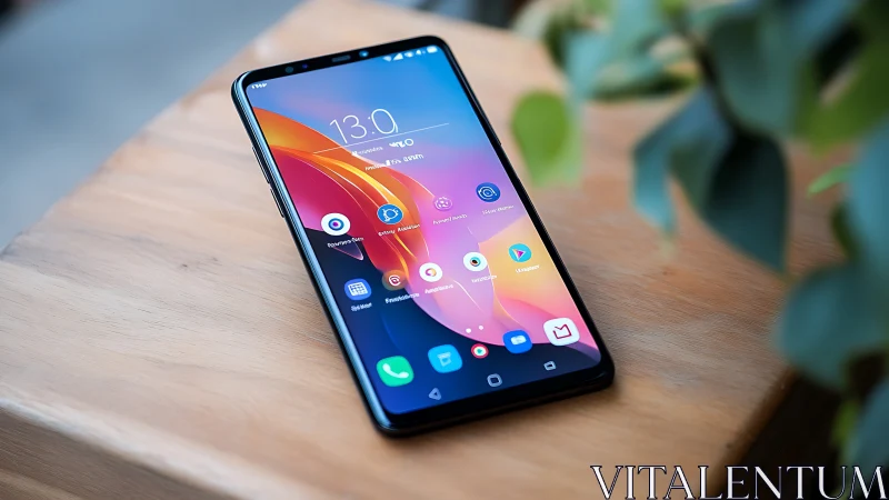 Modern smartphone on wooden table with vivid display.